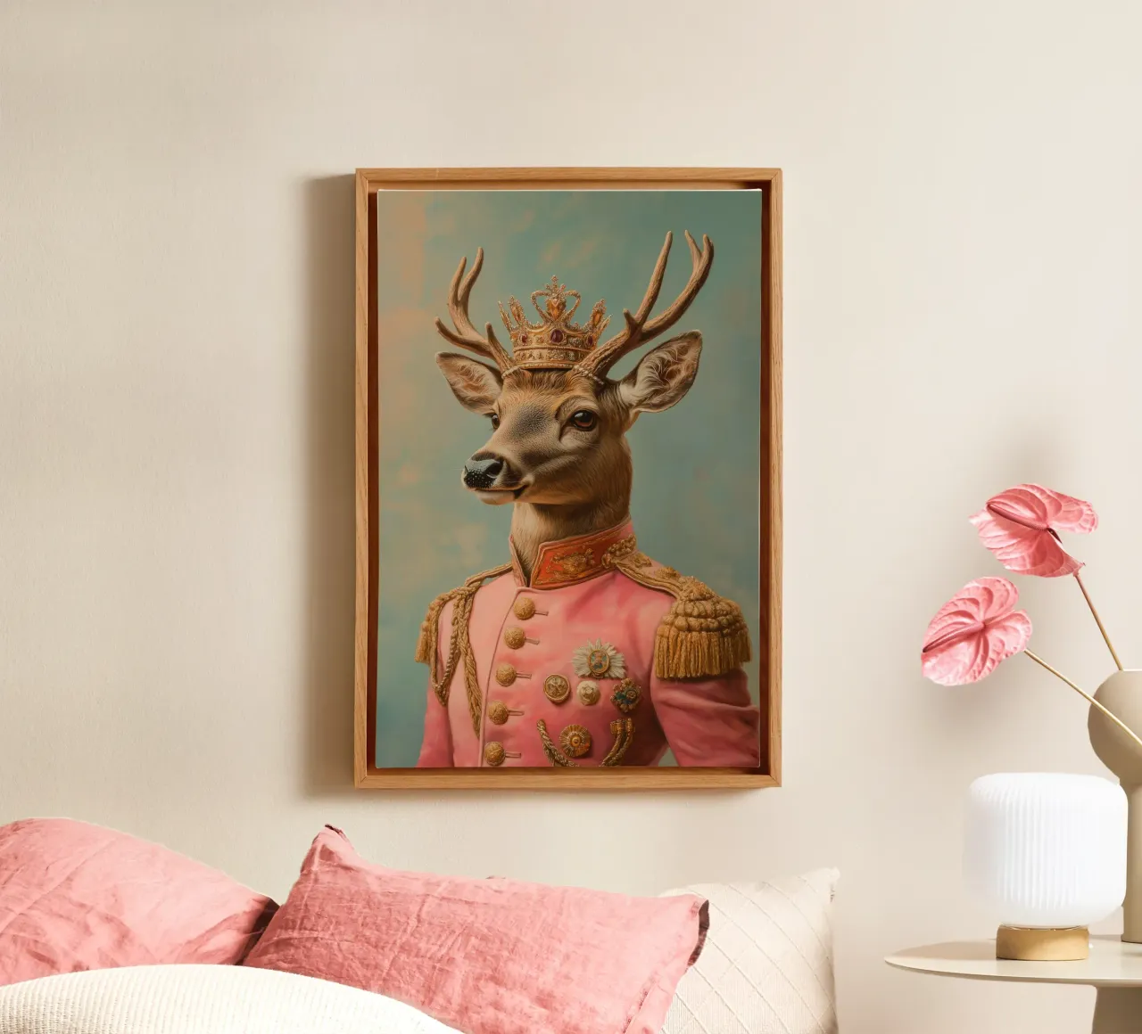 Portrait d'un cerf rose avec une couronne toile avec Caisse américaine de Carinaprint