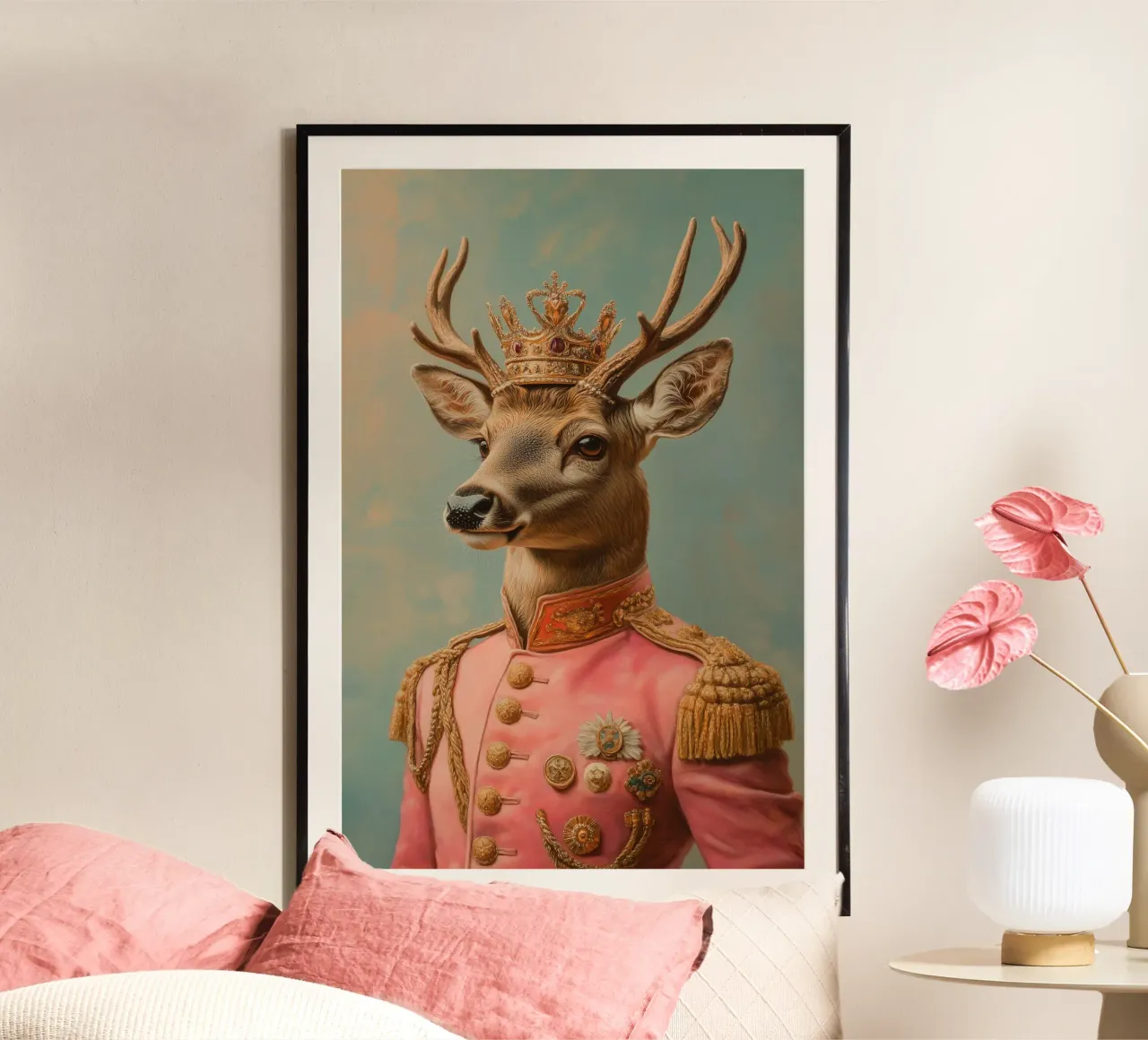Portrait d'un cerf rose avec une couronne hahnemühle de Carinaprint