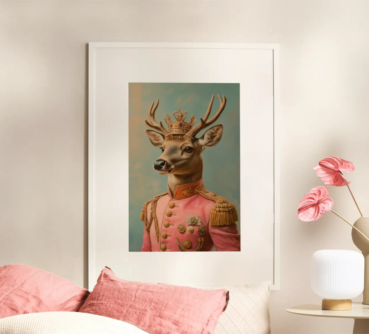 Portrait d'un cerf rose avec une couronne hahnemühle de Carinaprint