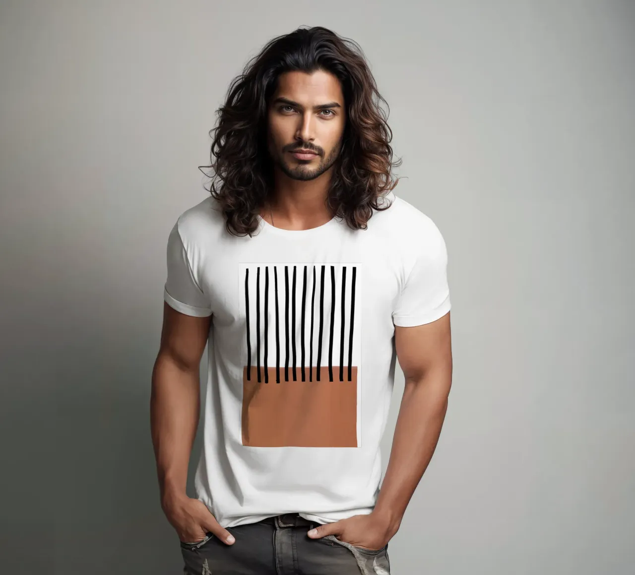 Abstract Vertical Lines and Brown Rectangular Design t-shirt by Melloi Art Print