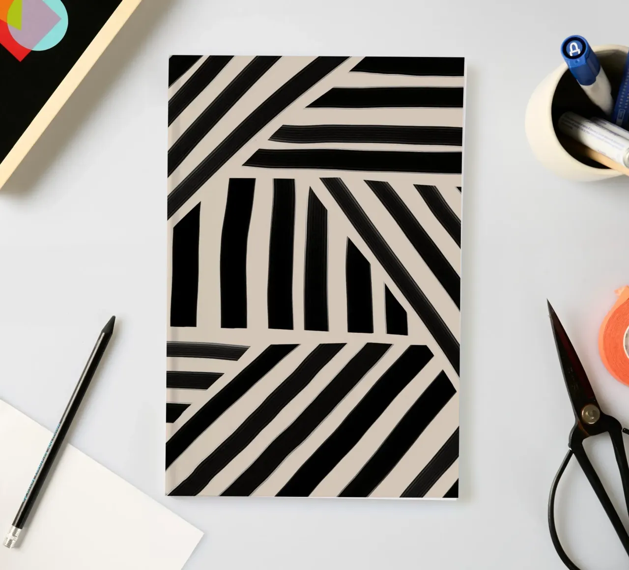Geometric Black and White Striped Pattern notebook by Melloi Art Print