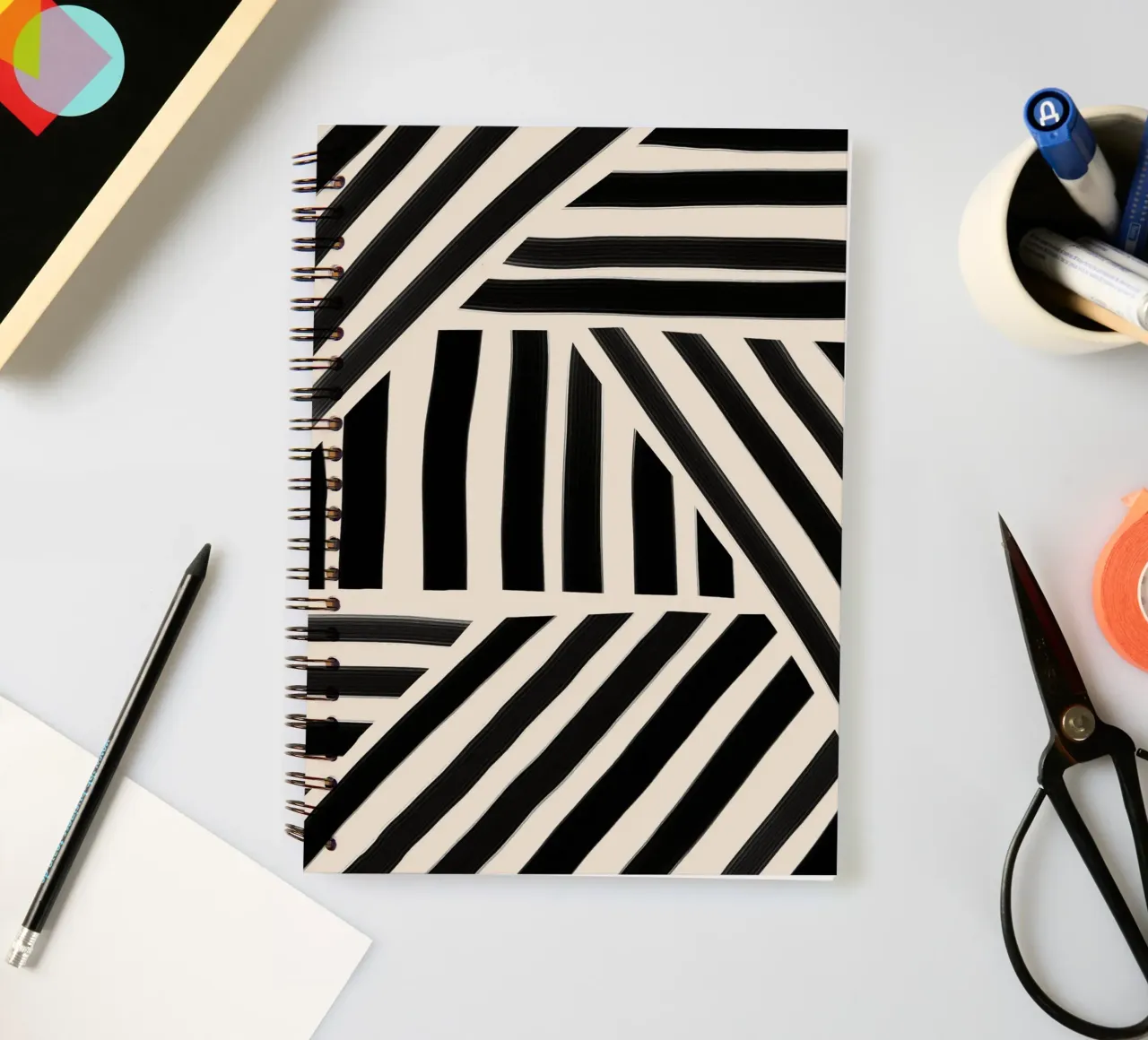 Geometric Black and White Striped Pattern spiral notebook by Melloi Art Print