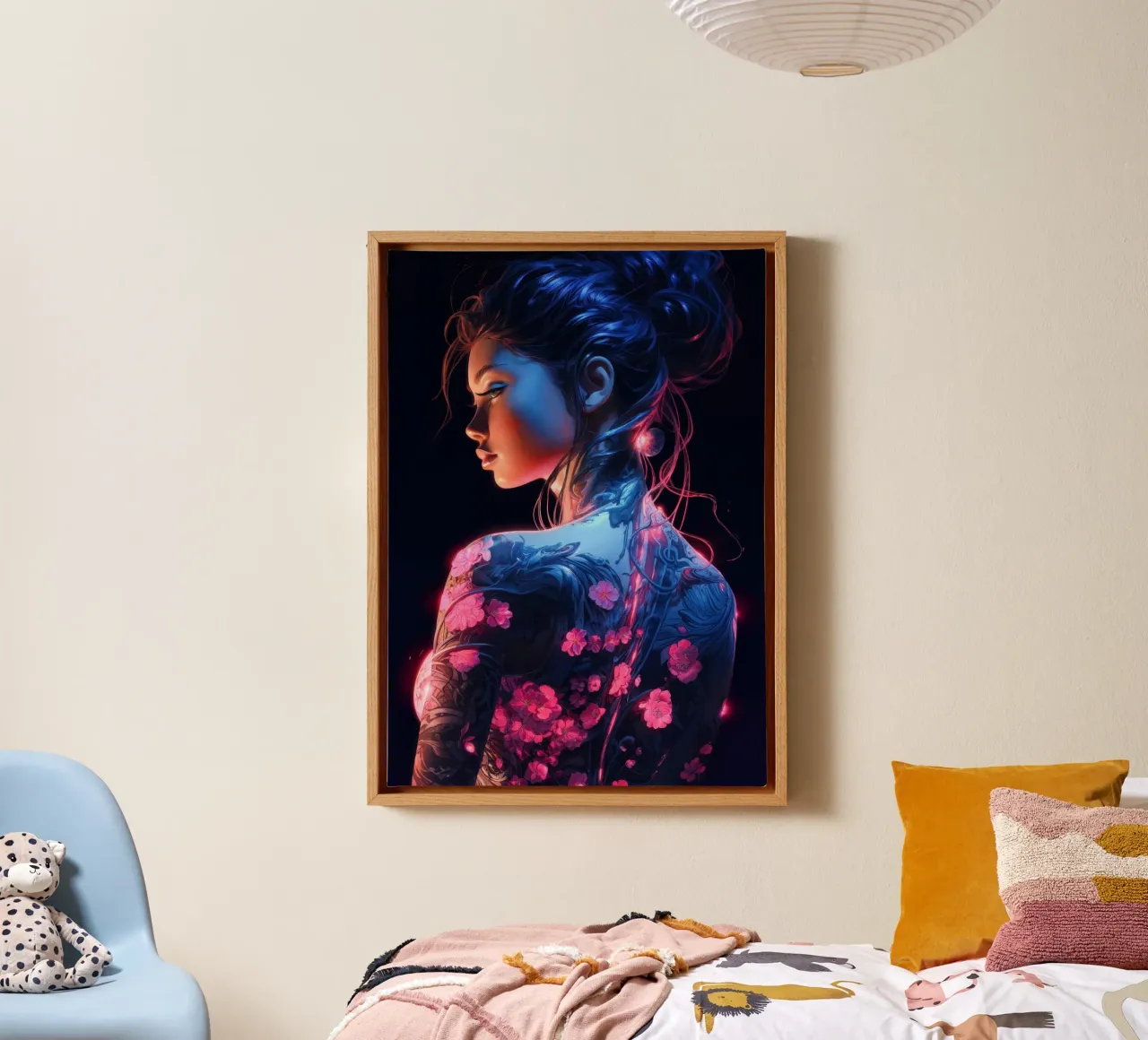Neon Gloeiende Bloem Vrouw canvas met Baklijst van Lootprint