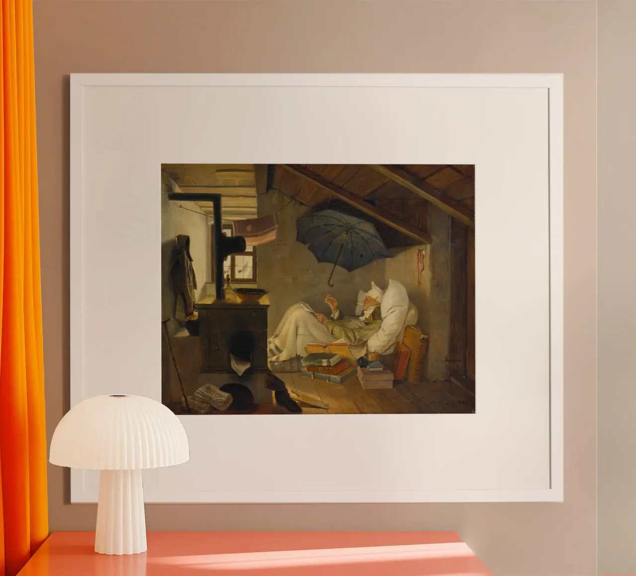 Carl Spitzweg - Il poeta povero poster con telaio in legno da ARTOTHEK