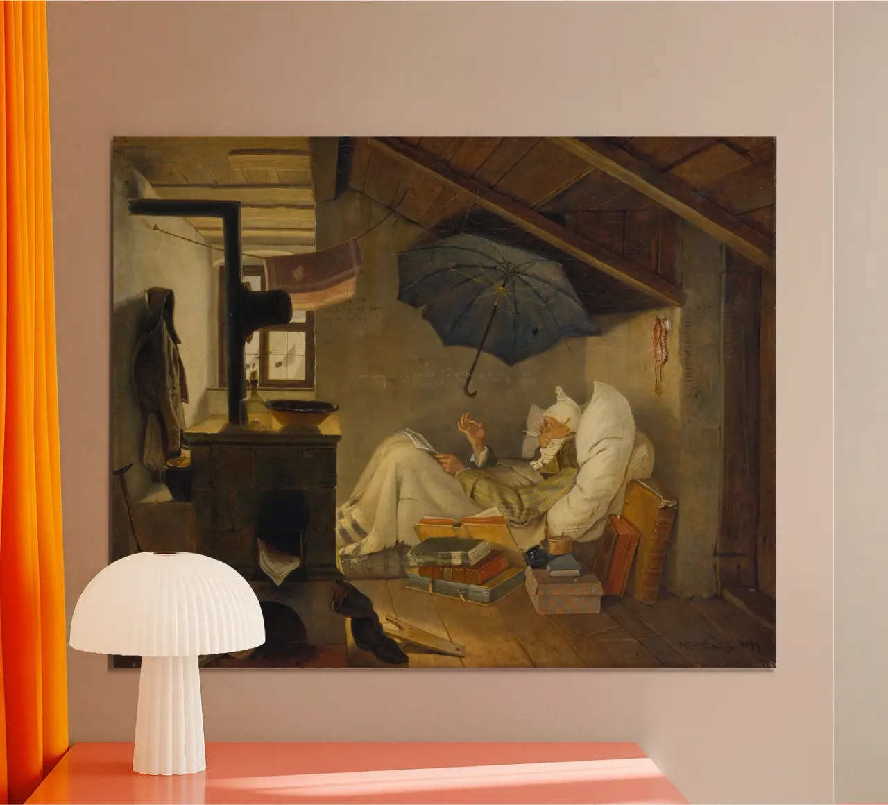 Carl Spitzweg - Il poeta povero poster con telaio in legno da ARTOTHEK