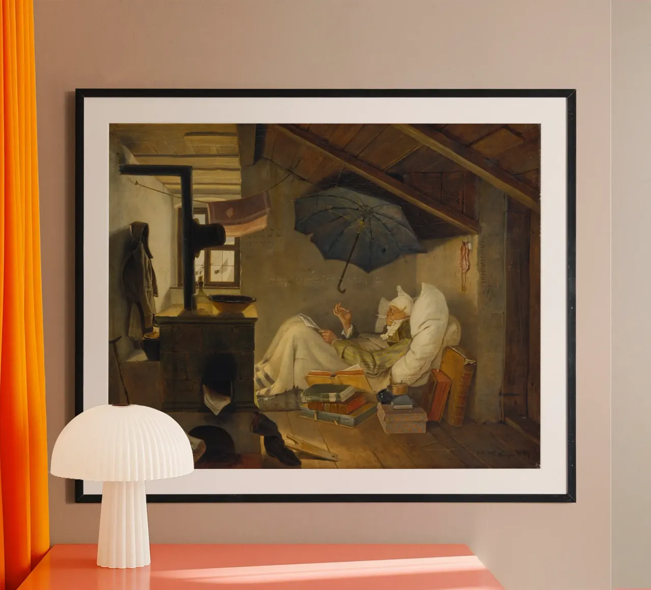 Carl Spitzweg - Il poeta povero poster con telaio in legno da ARTOTHEK