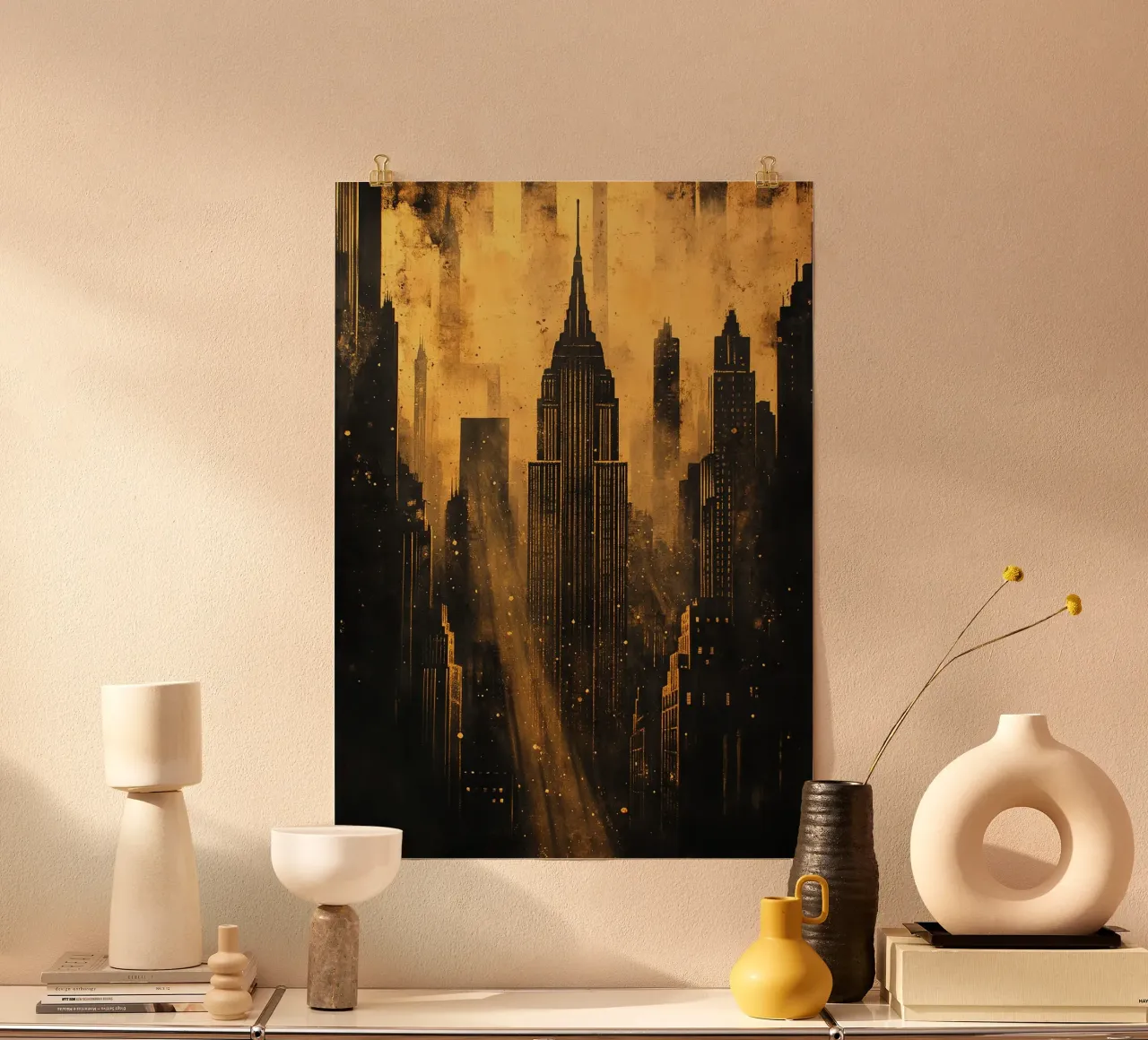 Skyline d'oro Art Deco poster con telaio in legno da Nikis Art Studio