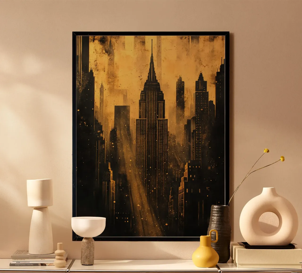 Skyline d'oro Art Deco poster con telaio in legno da Nikis Art Studio