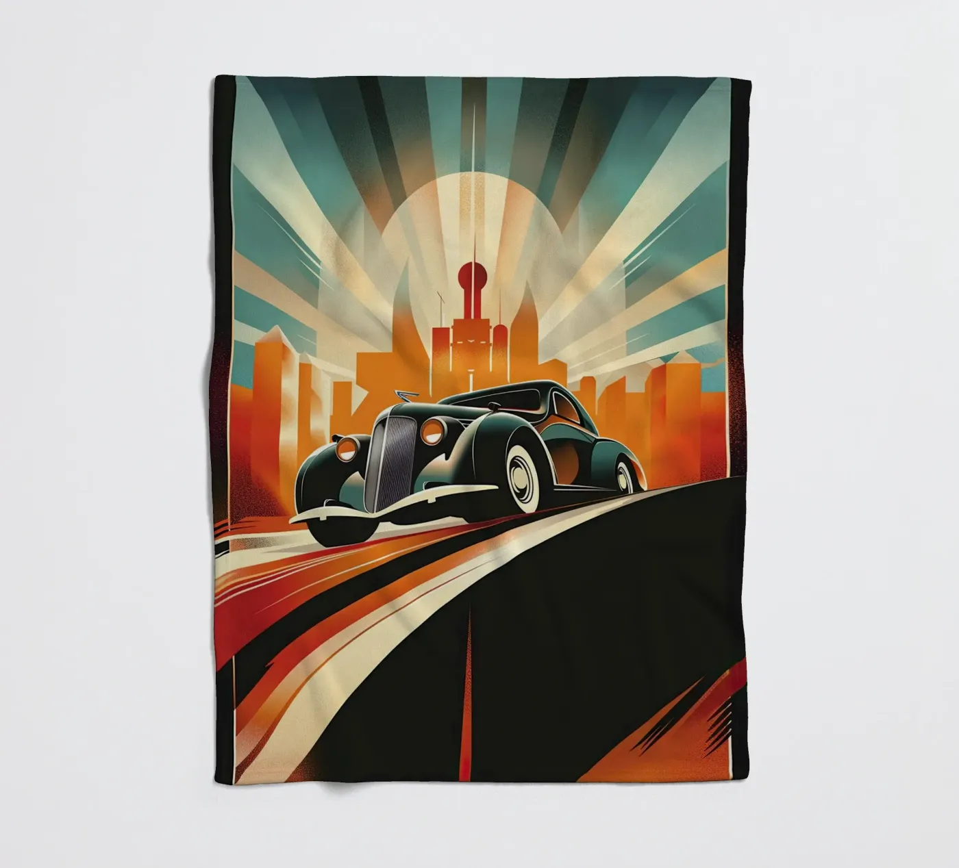 Art Deco Oldtimer Auto Fleecedecke von Nikis Art Studio