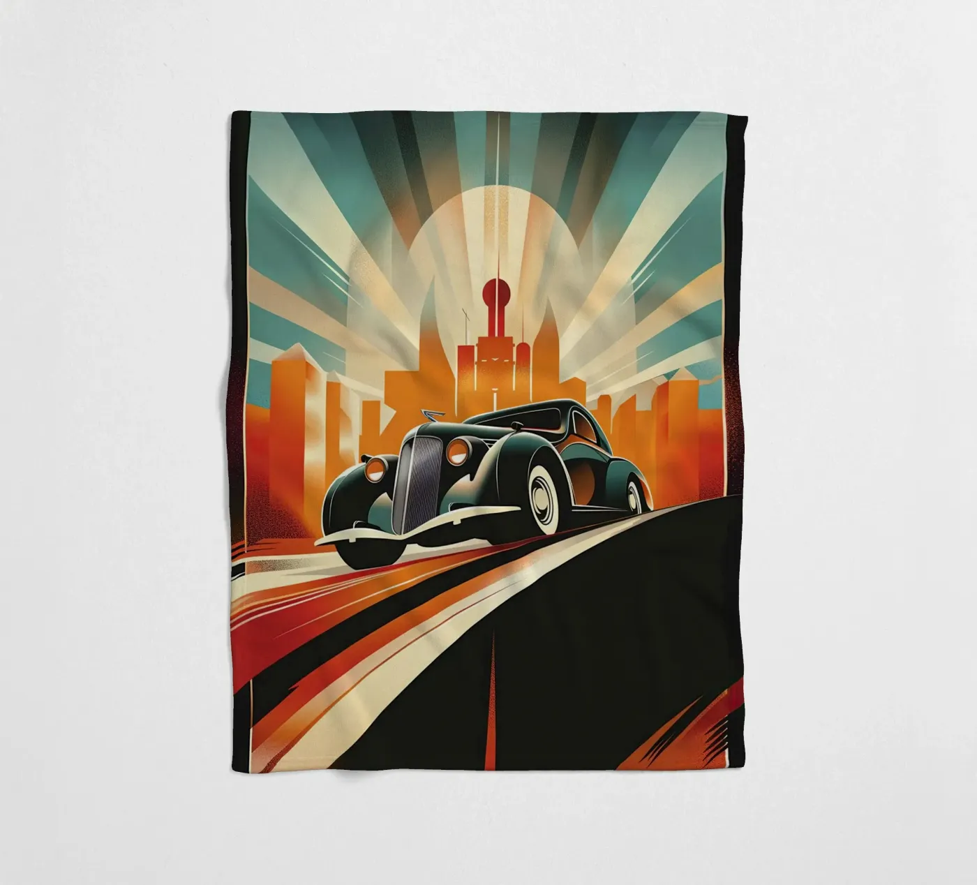 Art Deco Oldtimer Auto Fleecedecke von Nikis Art Studio