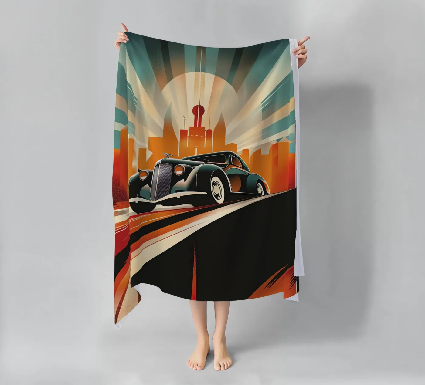 Art Deco Oldtimer Auto Strandtuch von Nikis Art Studio