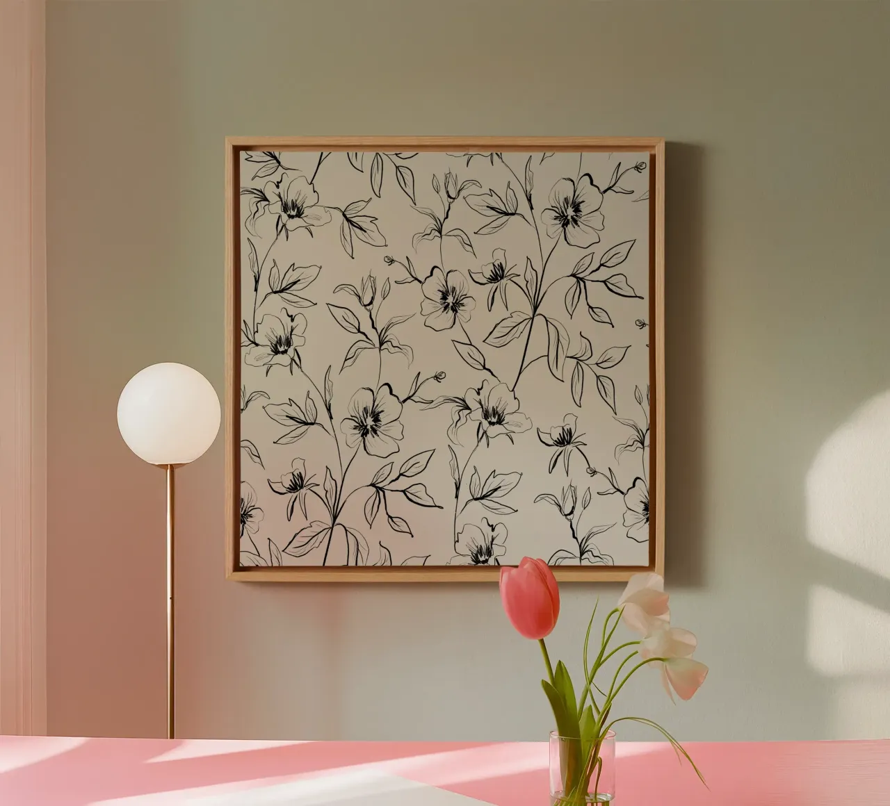 Gestual Flowers Pattern Beige tela con Cornice a cassetta da anisillustration