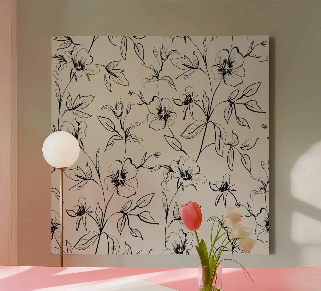 Gestual Flowers Pattern Beige tela con Cornice a cassetta da anisillustration