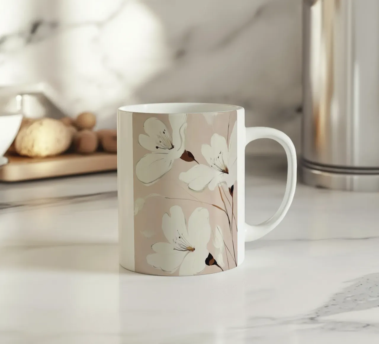 Fiori bianchi pittura tazza in ceramica da Melloi Art Print