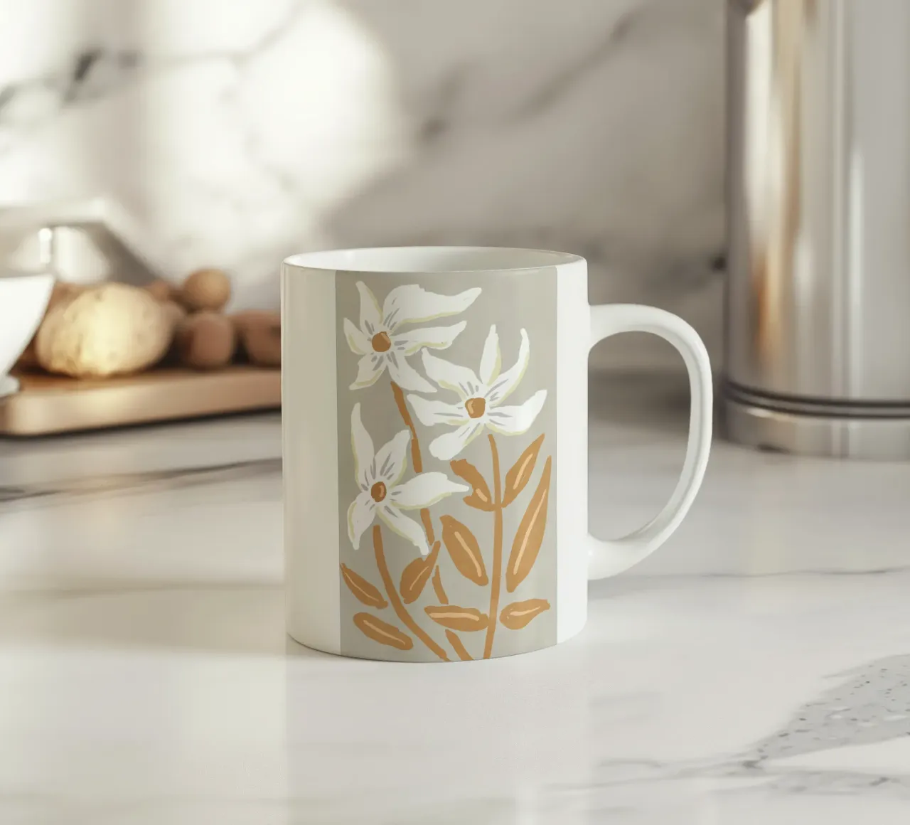 Fiori bianchi minimalisti tazza in ceramica da Melloi Art Print