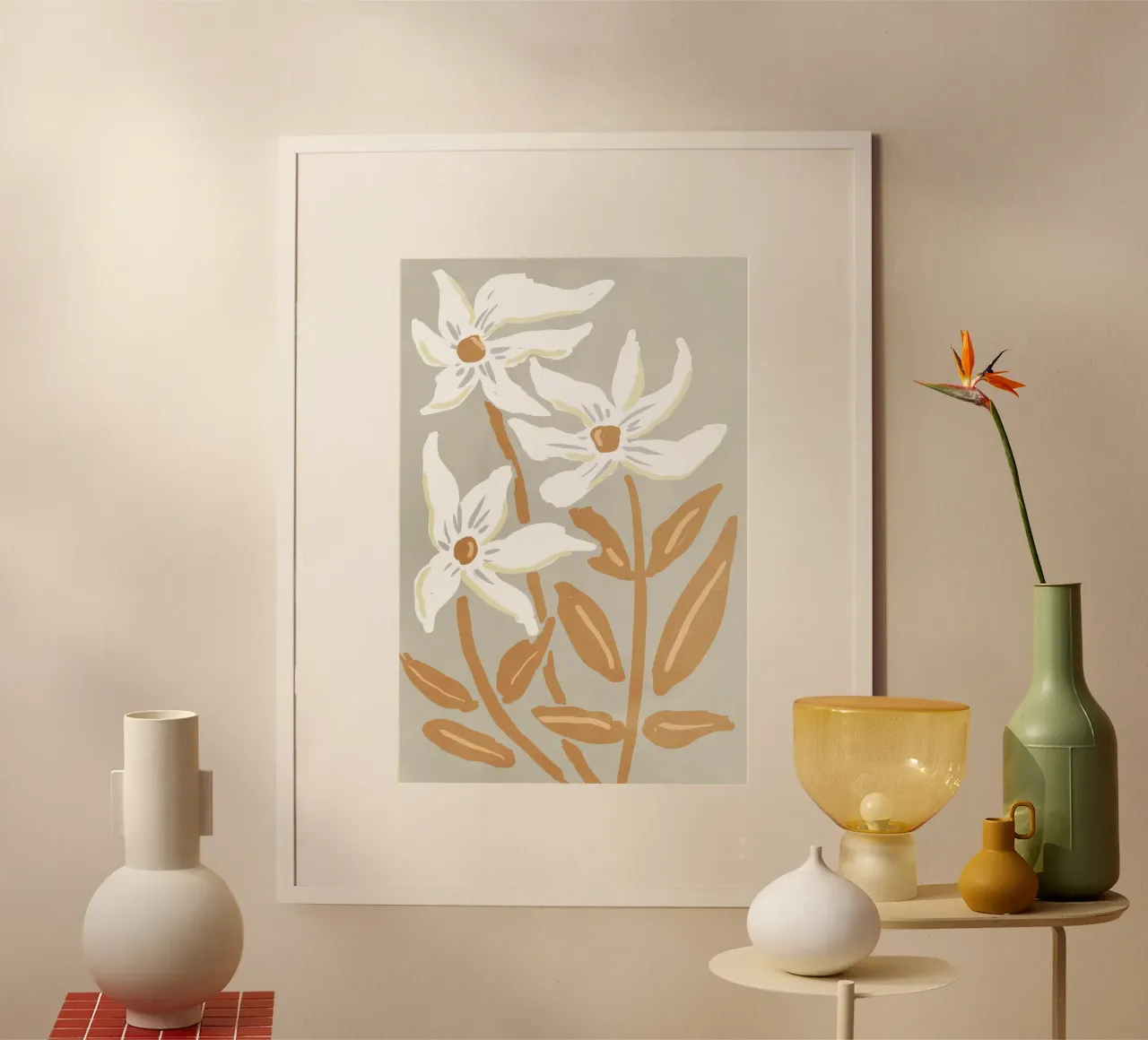 Fiori bianchi minimalisti poster con telaio in plastica da Melloi Art Print