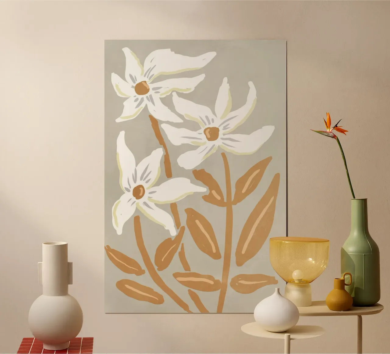 Fiori bianchi minimalisti poster con telaio in plastica da Melloi Art Print