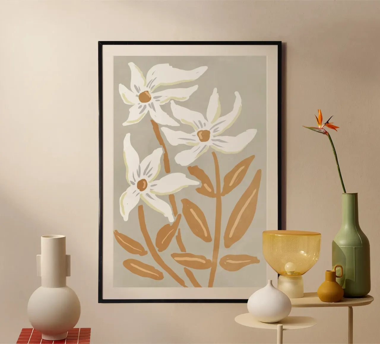 Fiori bianchi minimalisti poster con telaio in plastica da Melloi Art Print