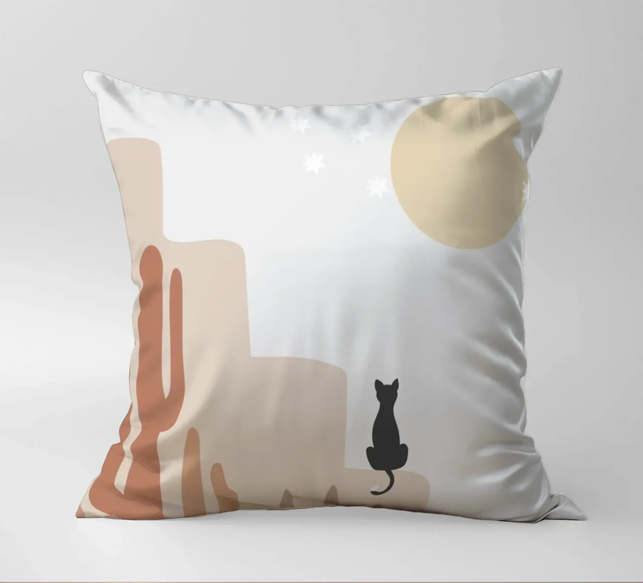Scena di deserto con gatto e cactus cuscino da Melloi Art Print
