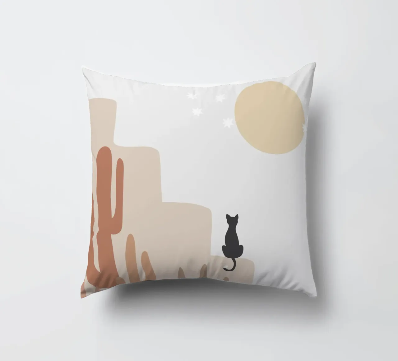 Scena di deserto con gatto e cactus cuscino da Melloi Art Print
