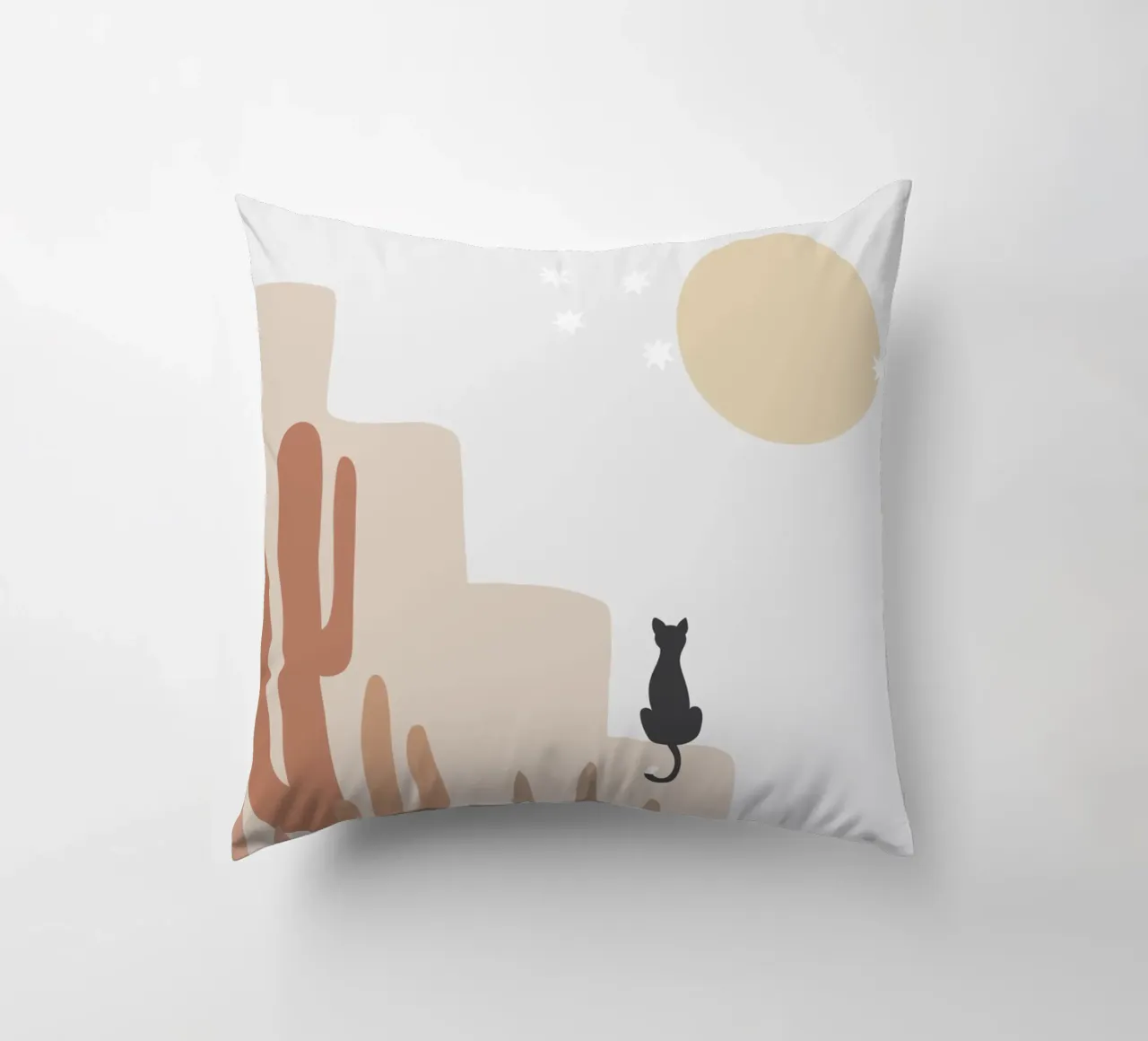 Scena di deserto con gatto e cactus cuscino da Melloi Art Print