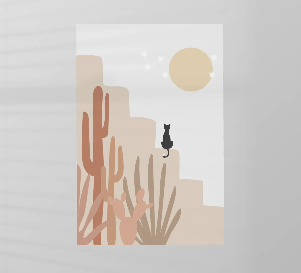 Scena di deserto con gatto e cactus pellicola backlit da Melloi Art Print
