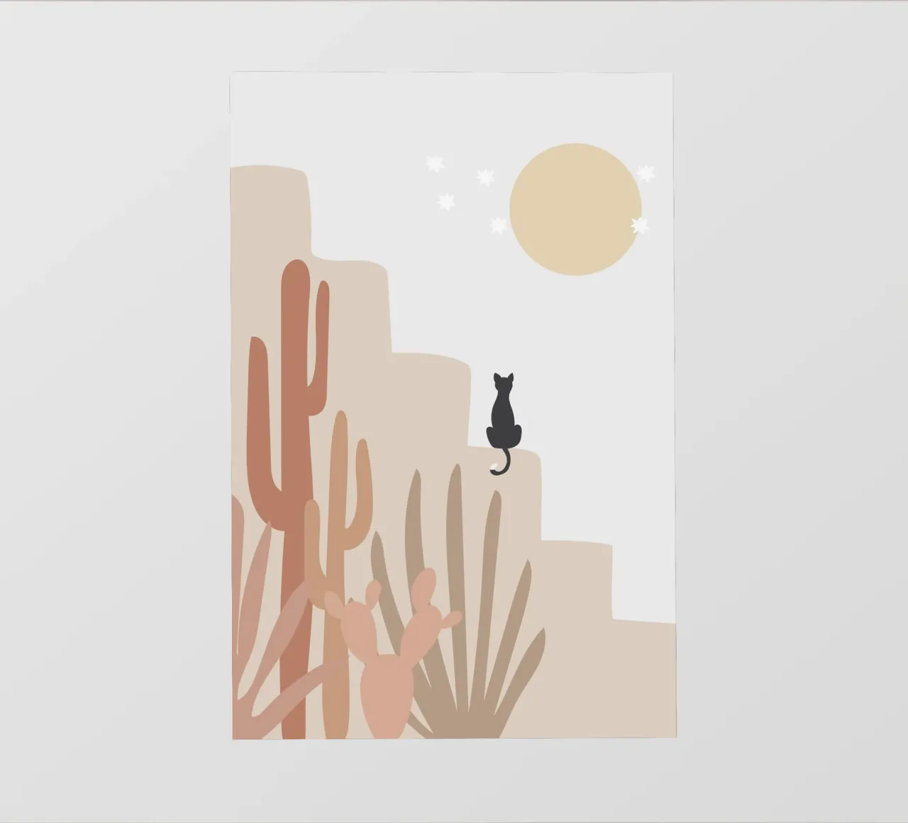 Scena di deserto con gatto e cactus pellicola backlit da Melloi Art Print