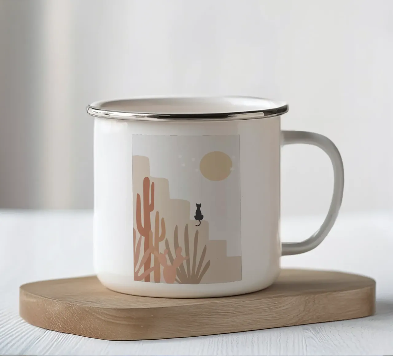 Scena di deserto con gatto e cactus tazza in smalto da Melloi Art Print