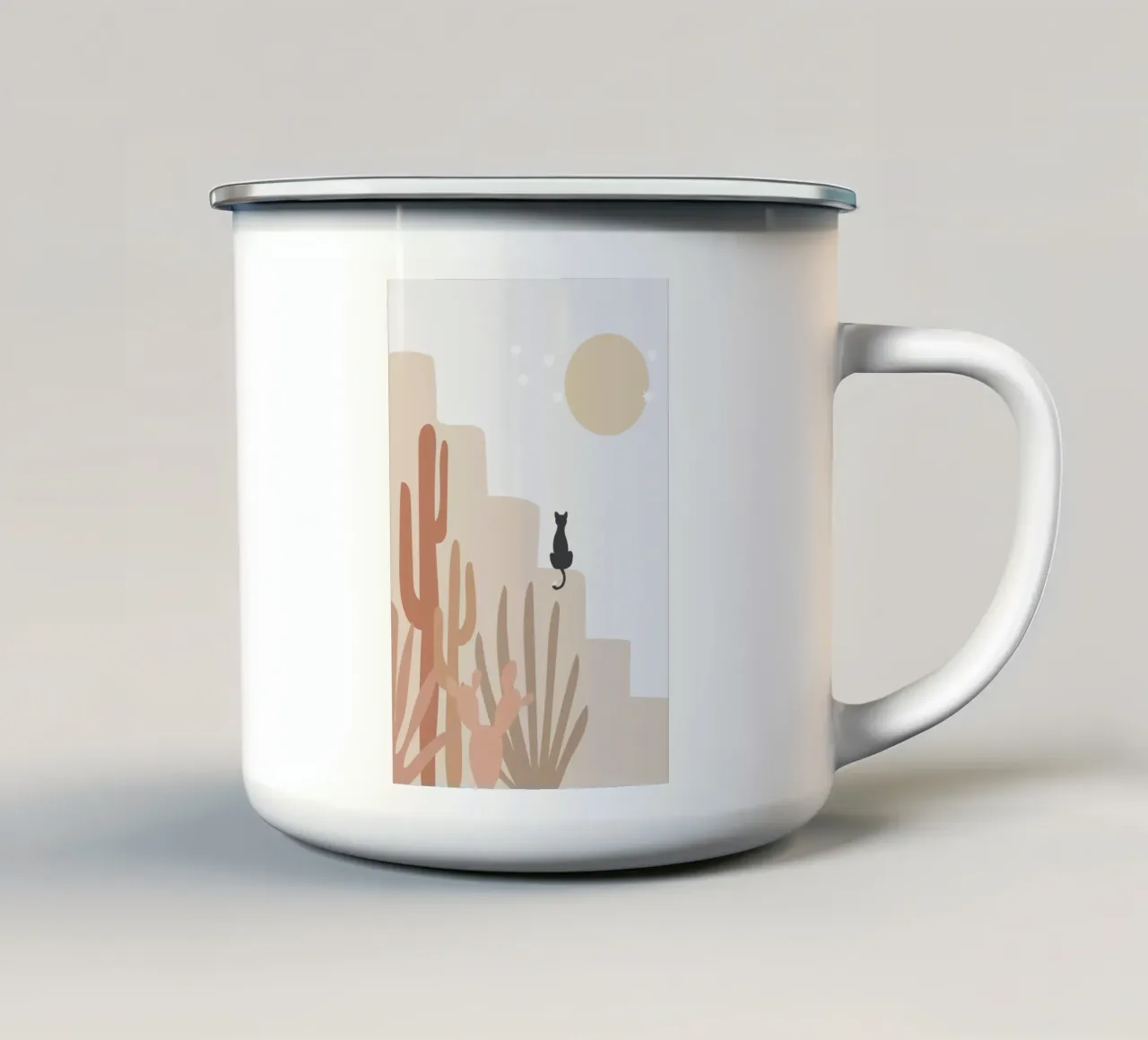 Scena di deserto con gatto e cactus tazza in smalto da Melloi Art Print