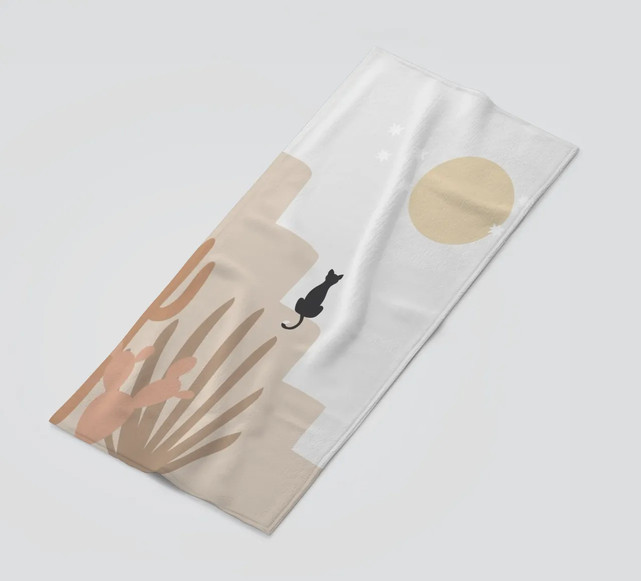 Scena di deserto con gatto e cactus telo mare da Melloi Art Print