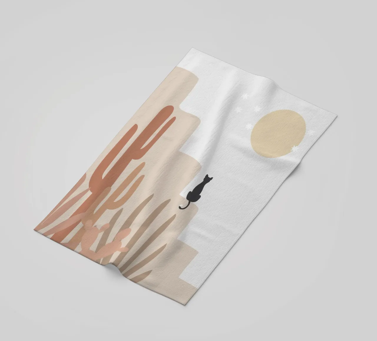 Scena di deserto con gatto e cactus telo mare da Melloi Art Print