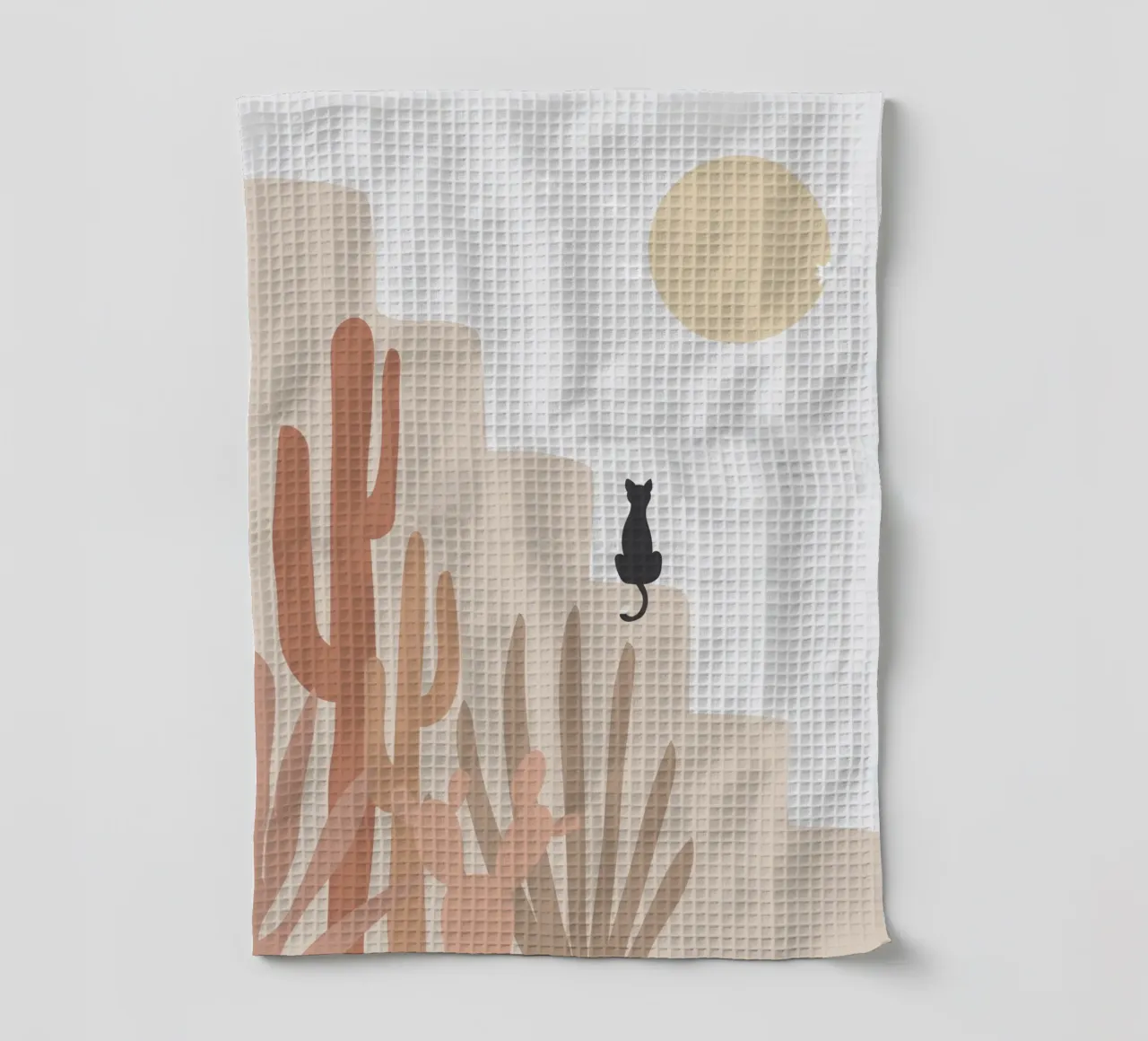 Scena di deserto con gatto e cactus canovaccio da cucina da Melloi Art Print