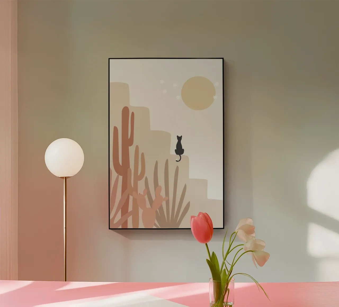 Scena di deserto con gatto e cactus plexiglass da Melloi Art Print
