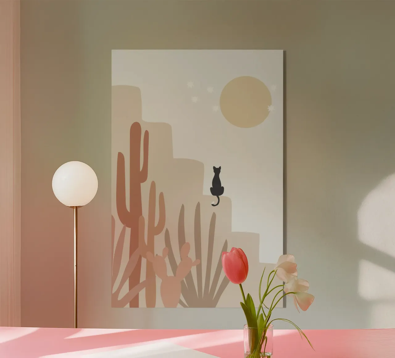 Scena di deserto con gatto e cactus plexiglass da Melloi Art Print