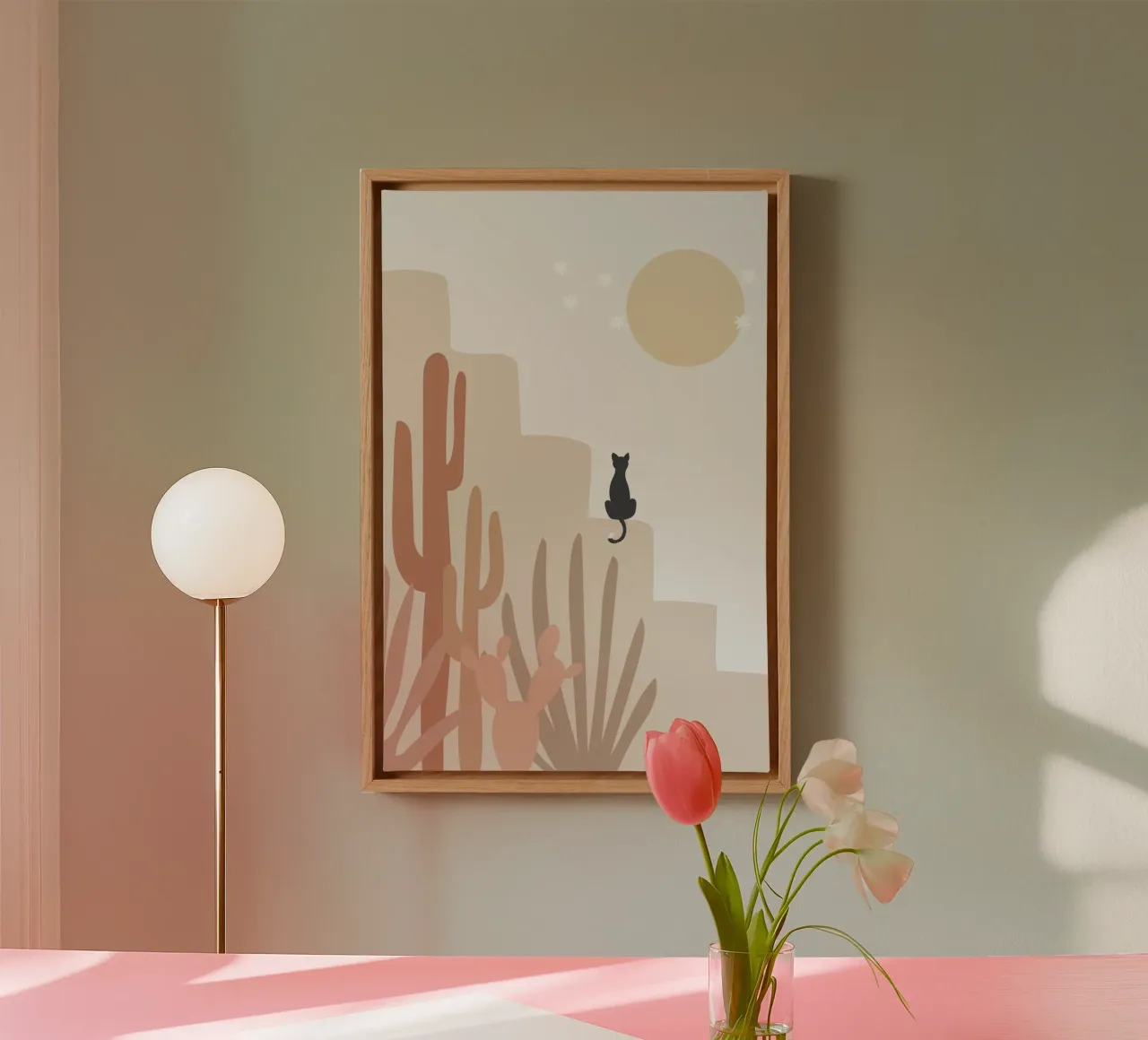 Desert Scene with Cat and Cacti canvas with Floater frame by Melloi Art Print