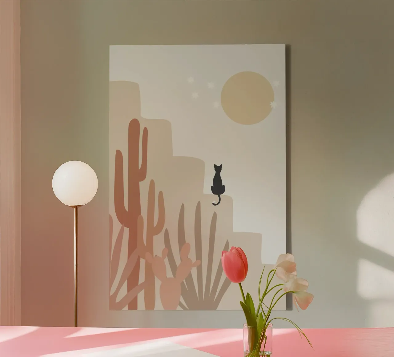 Desert Scene with Cat and Cacti canvas with Floater frame by Melloi Art Print