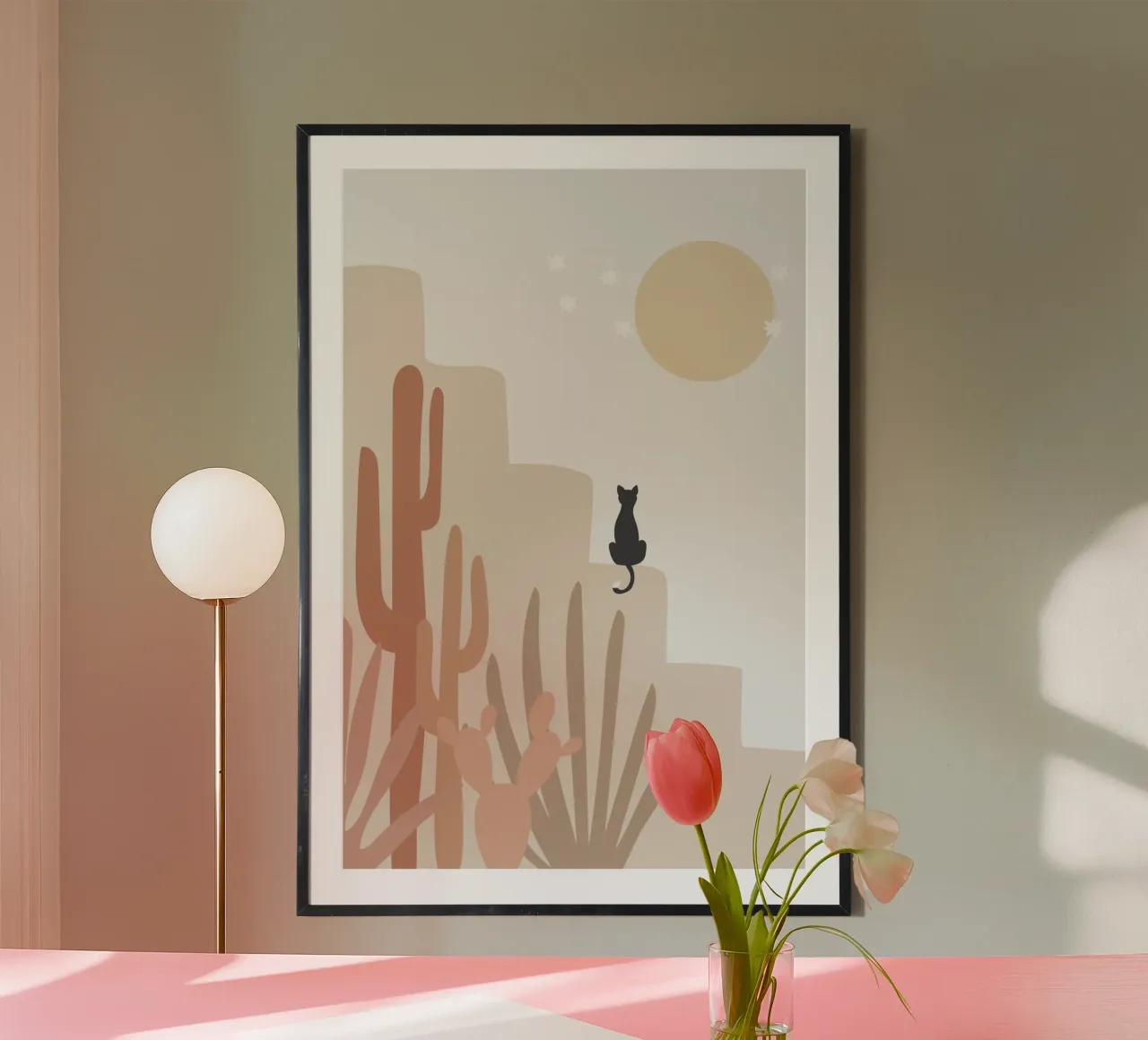 Scena di deserto con gatto e cactus poster con telaio in legno da Melloi Art Print