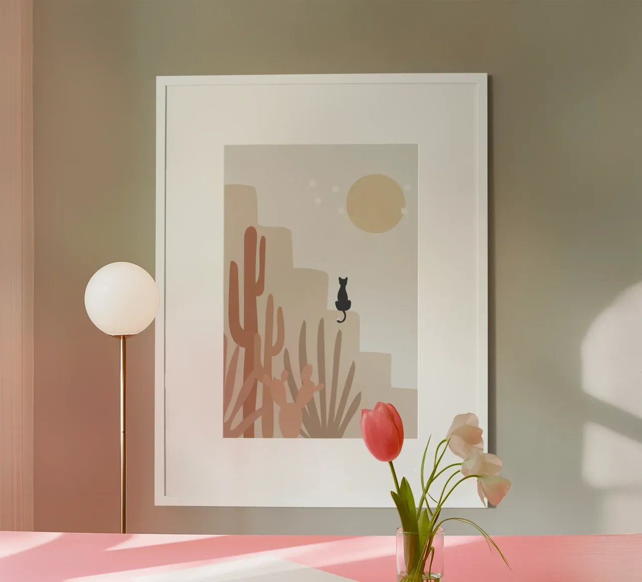 Scena di deserto con gatto e cactus poster con telaio in legno da Melloi Art Print