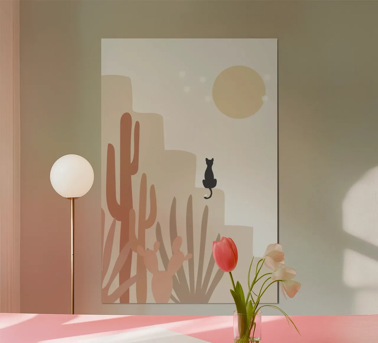 Scena di deserto con gatto e cactus poster con telaio in legno da Melloi Art Print