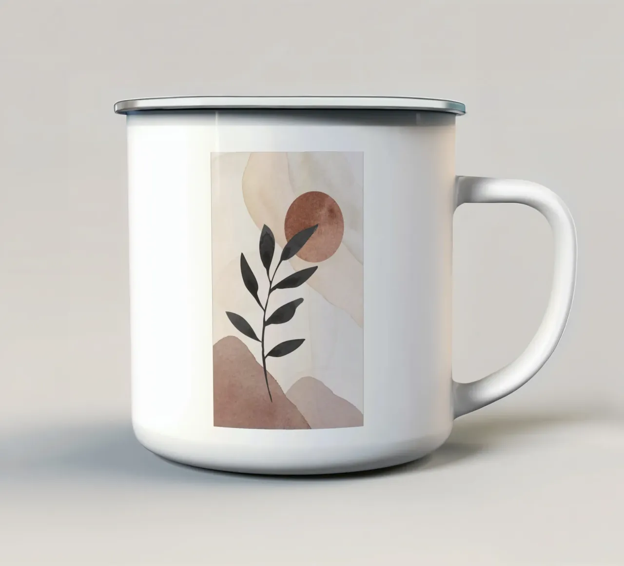 Modern abstract plantensilhouet met aardetinten emaille mok van Melloi Art Print