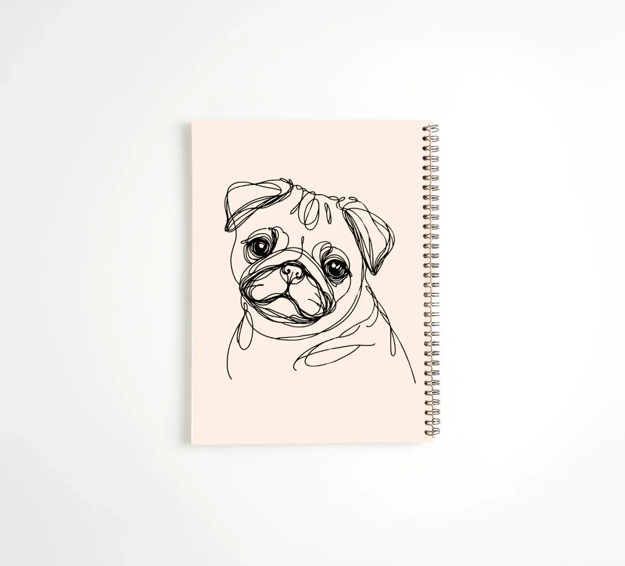 Pug Line Art Drawing - Beige spiral notebook by WijdevenDesign