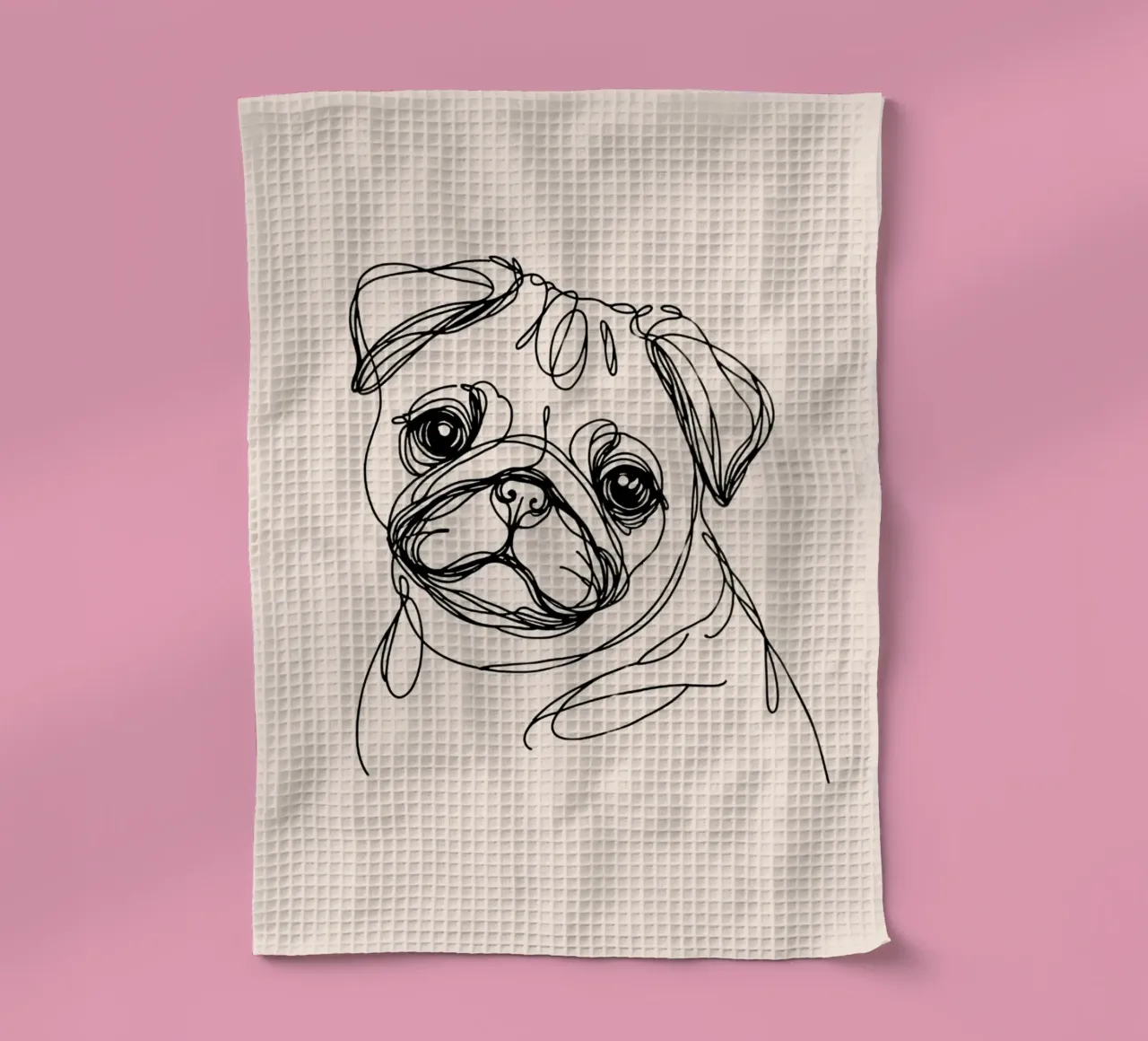 Pug Line Art Drawing - Beige tea towel by WijdevenDesign