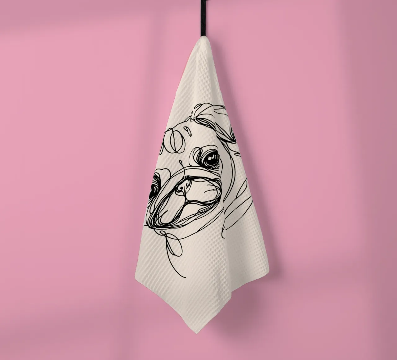 Pug Line Art Drawing - Beige tea towel by WijdevenDesign