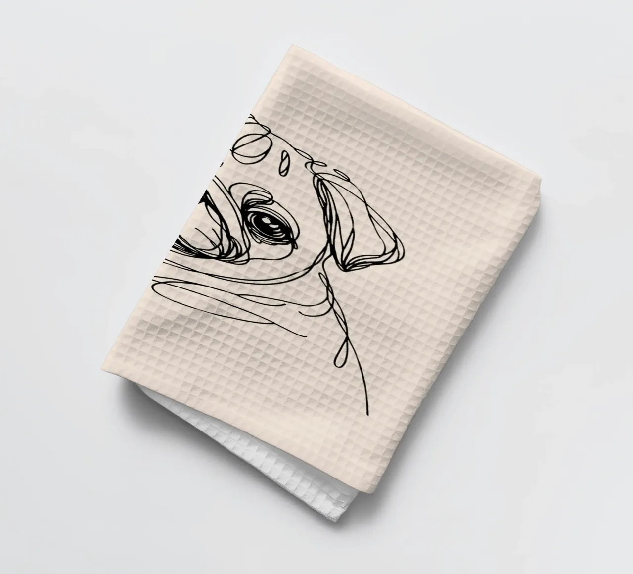 Pug Line Art Drawing - Beige tea towel by WijdevenDesign