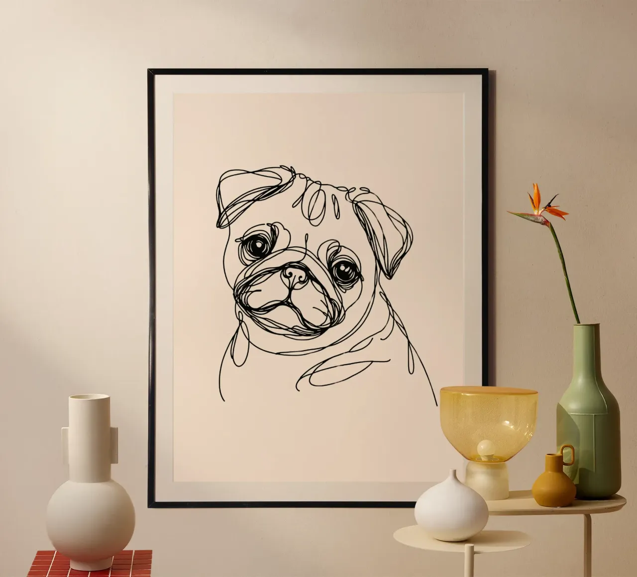 Disegno lineare di un carlino - Beige carta hahnemühle da WijdevenDesign