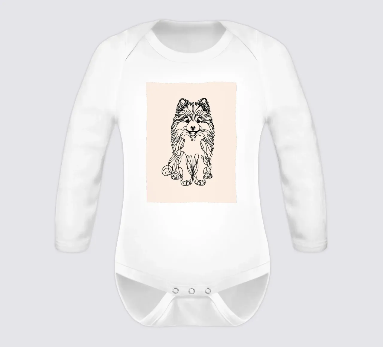Pomsky Line Art Drawing - Beige long-sleeve baby romper by WijdevenDesign