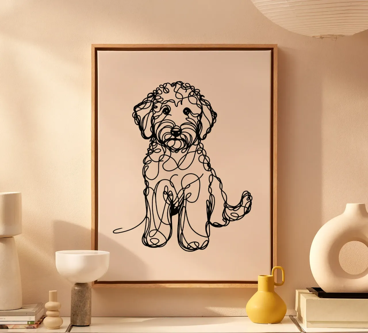 Labradoodle Line Art Drawing - Beige canvas with Floater frame by WijdevenDesign