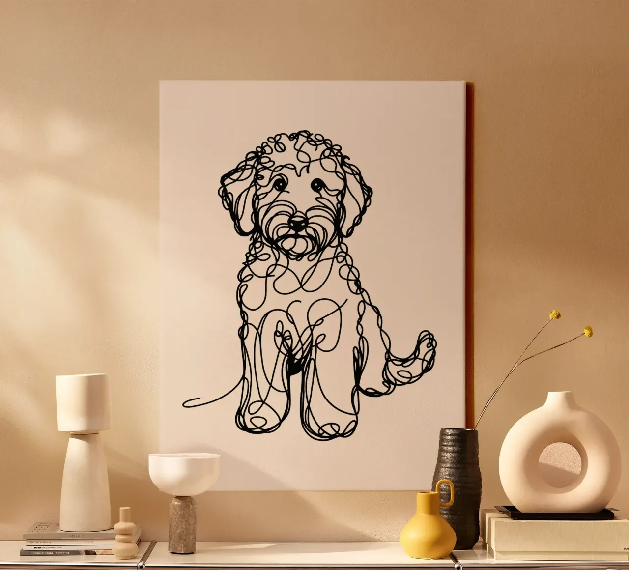 Labradoodle Line Art Drawing - Beige canvas with Floater frame by WijdevenDesign