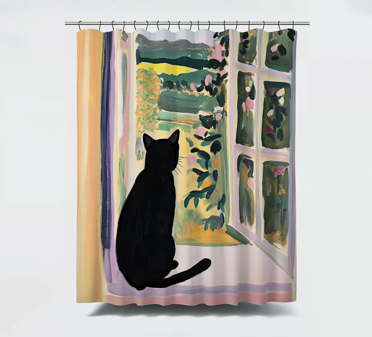 Kat bij het raam, geïnspireerd door Matisse douchegordijn van Euphoria Theresa