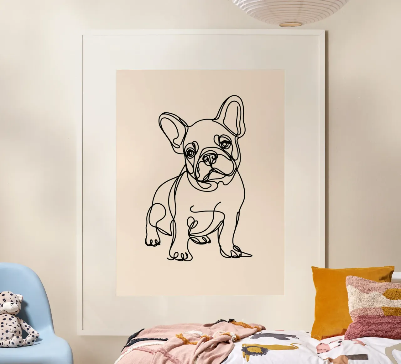 Dessin au trait d'un chien bouledogue français - Beige poster avec cadre en bois de WijdevenDesign